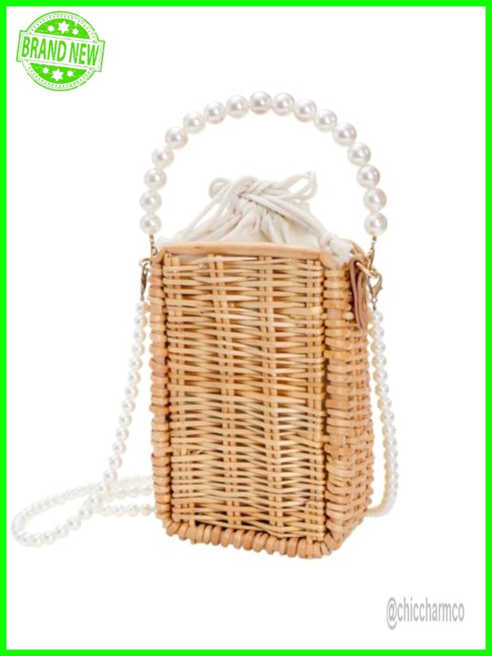 Pearl Basket Purse Handwoven Rattan Beach Bag Rectangular Wicker Tote